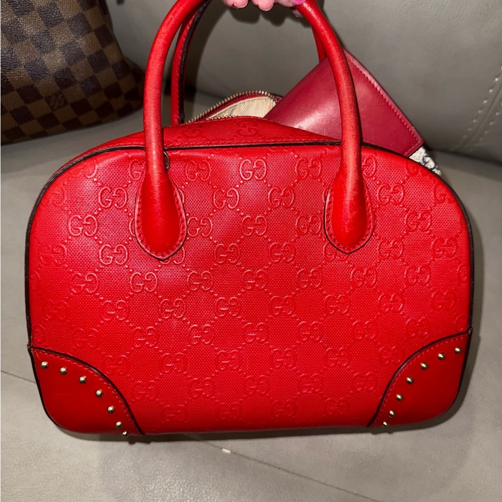 Gucci Red Embossed GG Leather Satchel with Gold Stud Trim